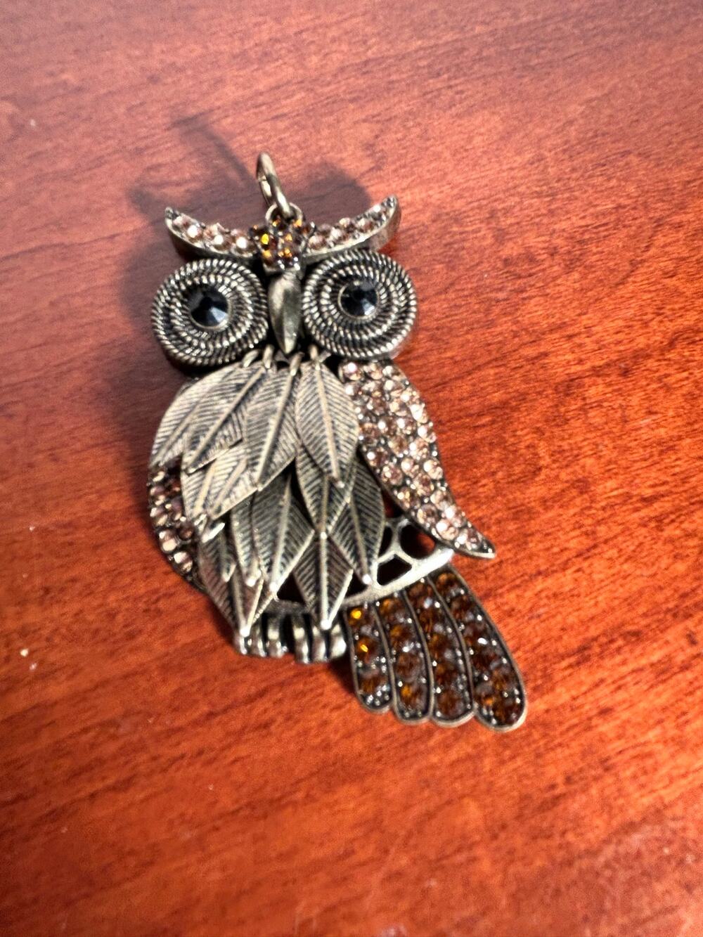 Vintage Style Antique Bronze Owl Pendant Amber Rhinestone Layered Leaf Wings